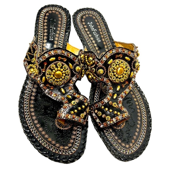 John Fashion Beaded & Embroidered Designer Boho Sandals - Picture 1 of 7